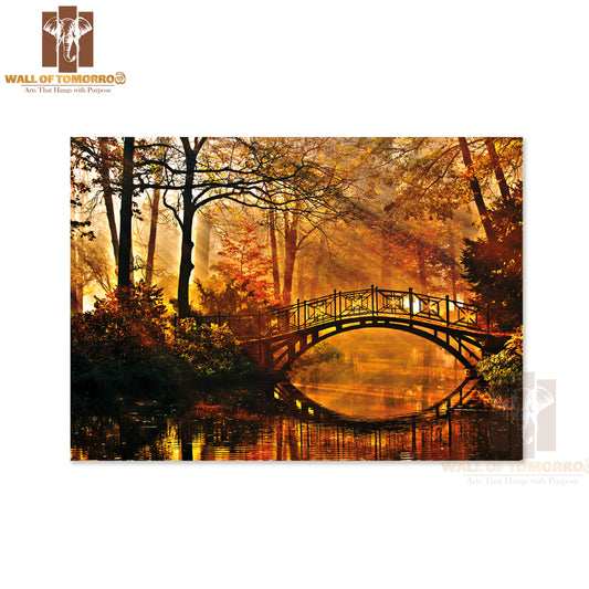 Autumn Old Bridge in Autumn Misty Park High Quality Unframed Poster Print & Waterproof Poster Print Wall Décor