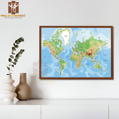 Highly Detailed Physical World Map Educational High Quality Glass Frame Wall Décor