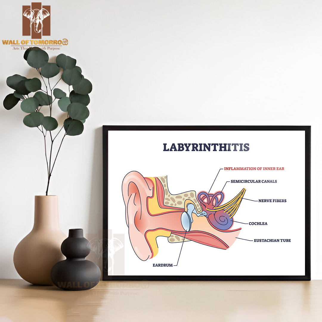 Labyrinthitis As Inner Ear Infection and Medical Inflammation Outline Diagram Educational High Quality Glass Frame Wall Décor