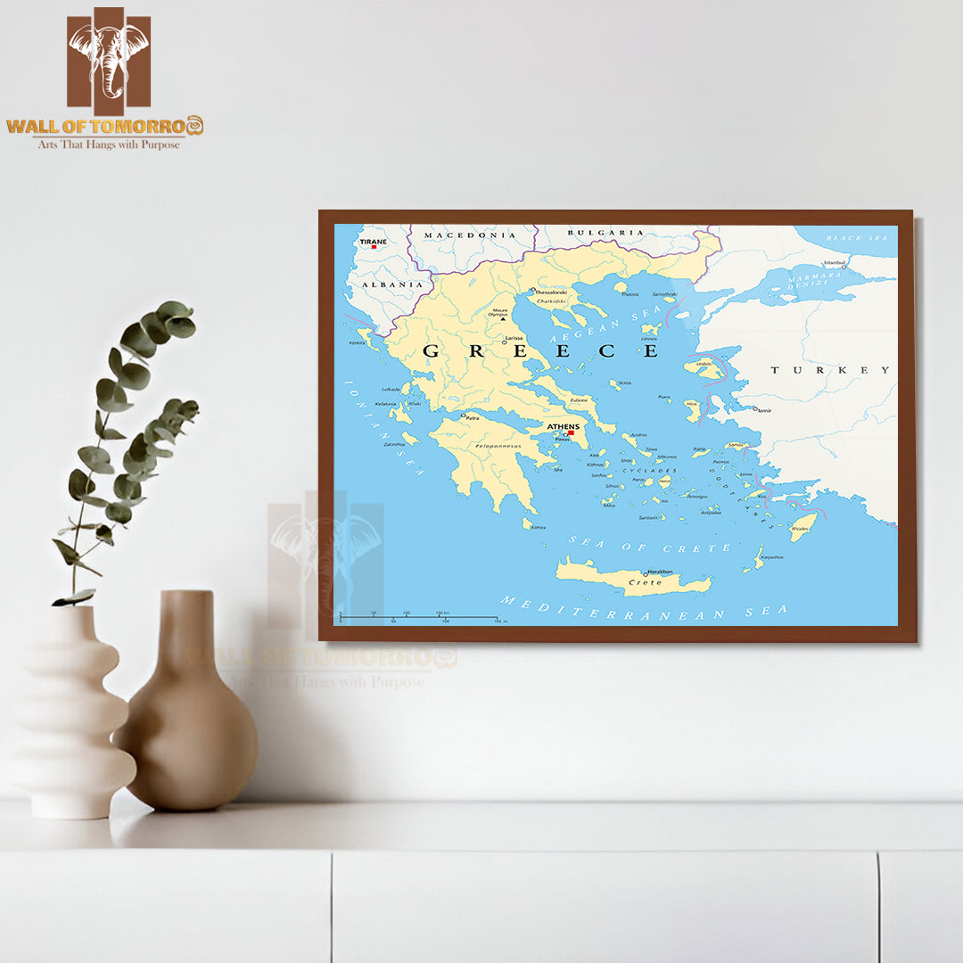 Greece Political Map Educational High Quality Glass Frame Wall Décor