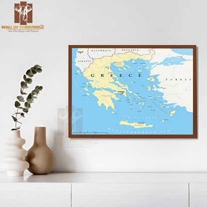 Greece Political Map Educational High Quality Glass Frame Wall Décor