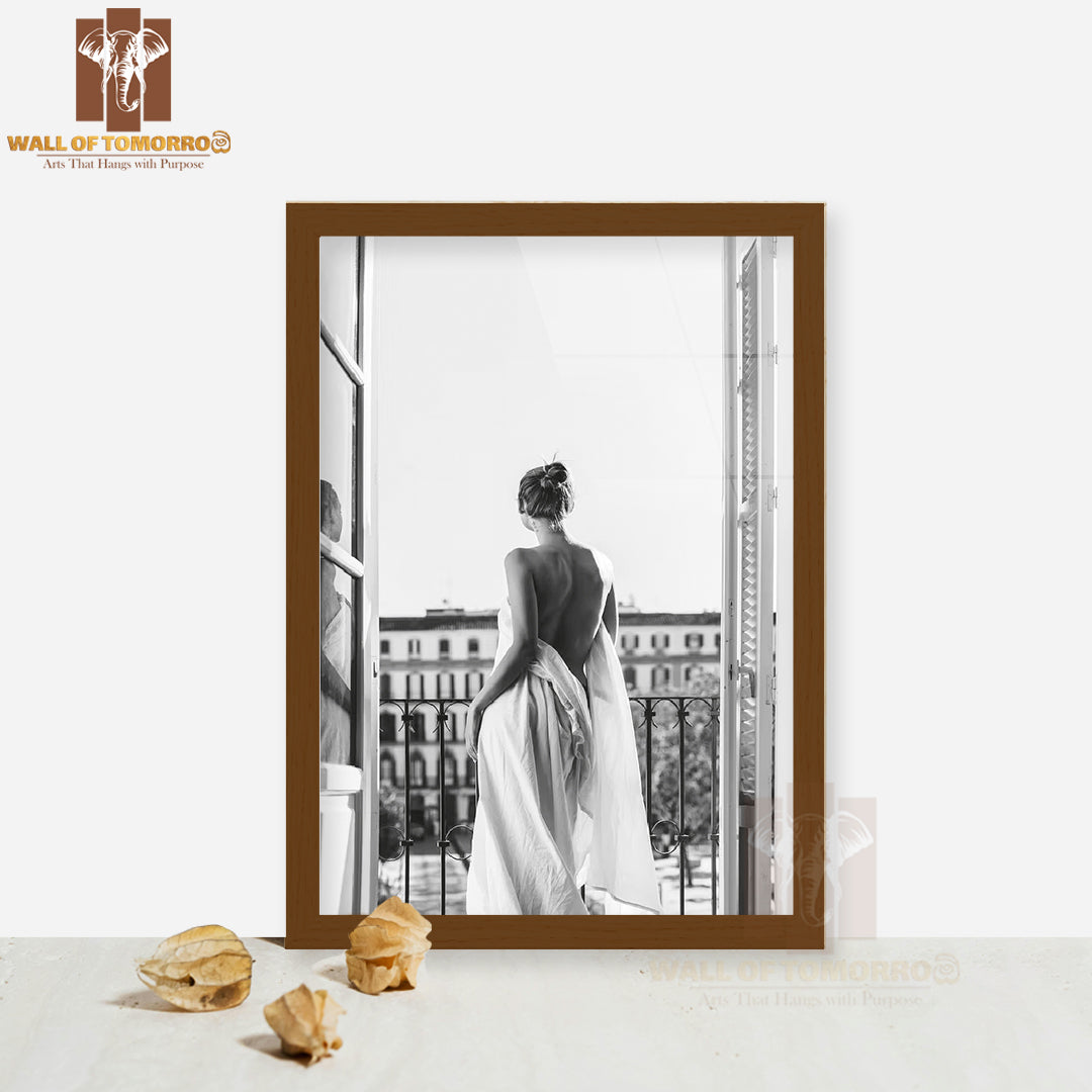 White Dressed Lady Open Window High Quality Glass Frame Wall Décor