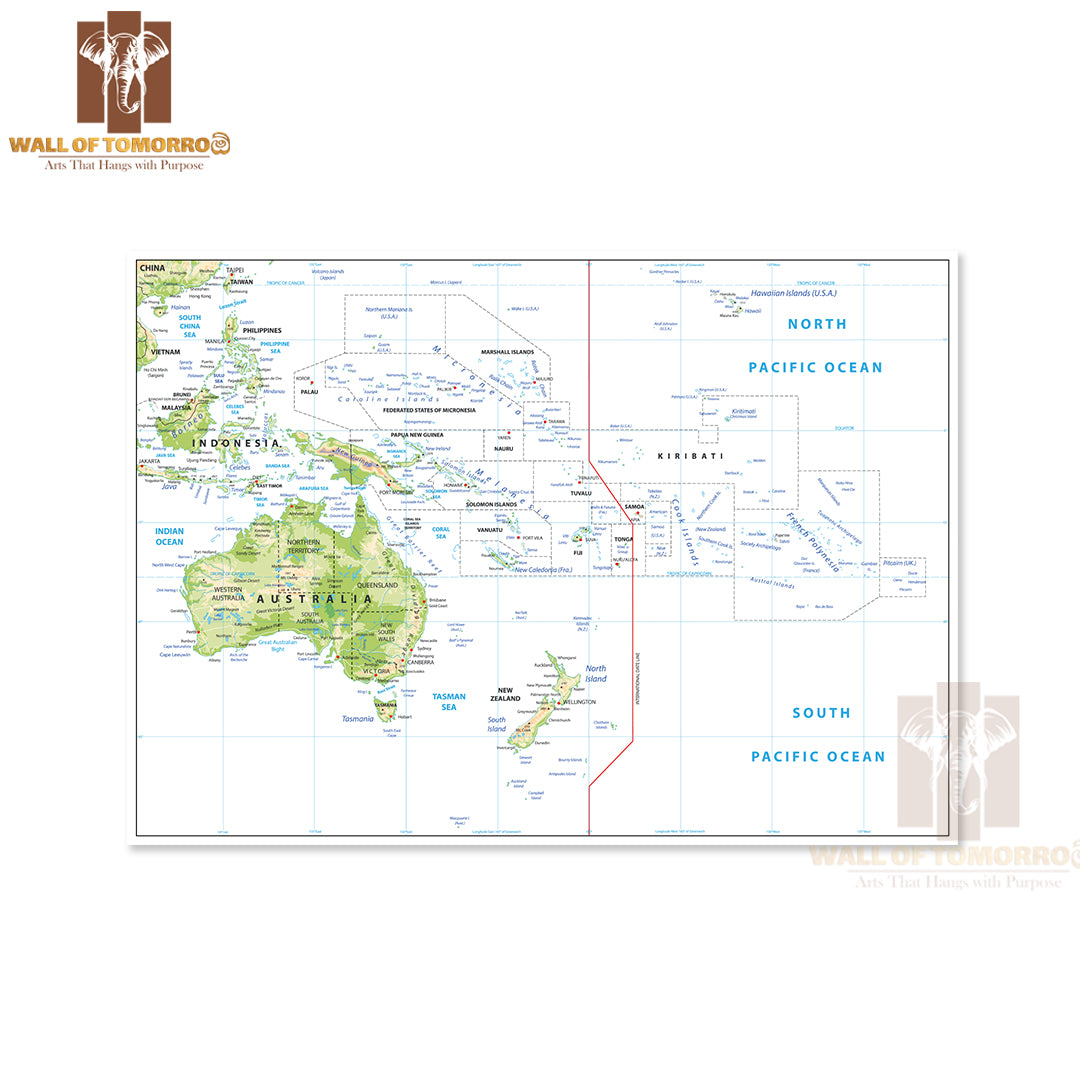 Relief Map of Oceania Isolated Educational High Quality Unframed Poster Print & Waterproof Poster Print Wall Décor