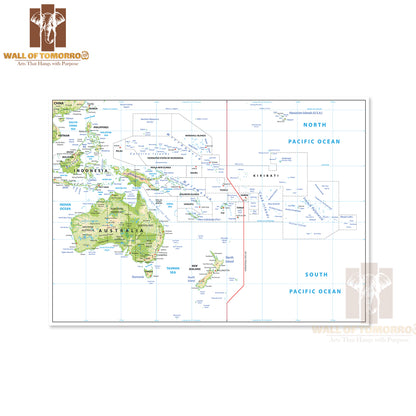 Relief Map of Oceania Isolated Educational High Quality Unframed Poster Print & Waterproof Poster Print Wall Décor