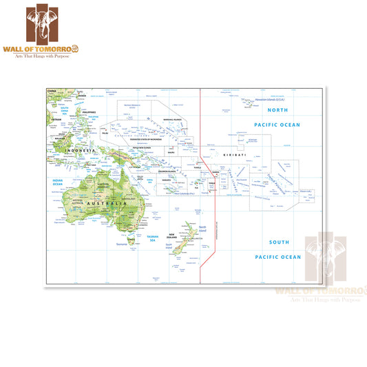Relief Map of Oceania Isolated Educational High Quality Unframed Poster Print & Waterproof Poster Print Wall Décor
