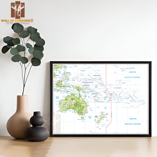 Relief Map of Oceania Isolated Educational High Quality Glass Frame Wall Décor