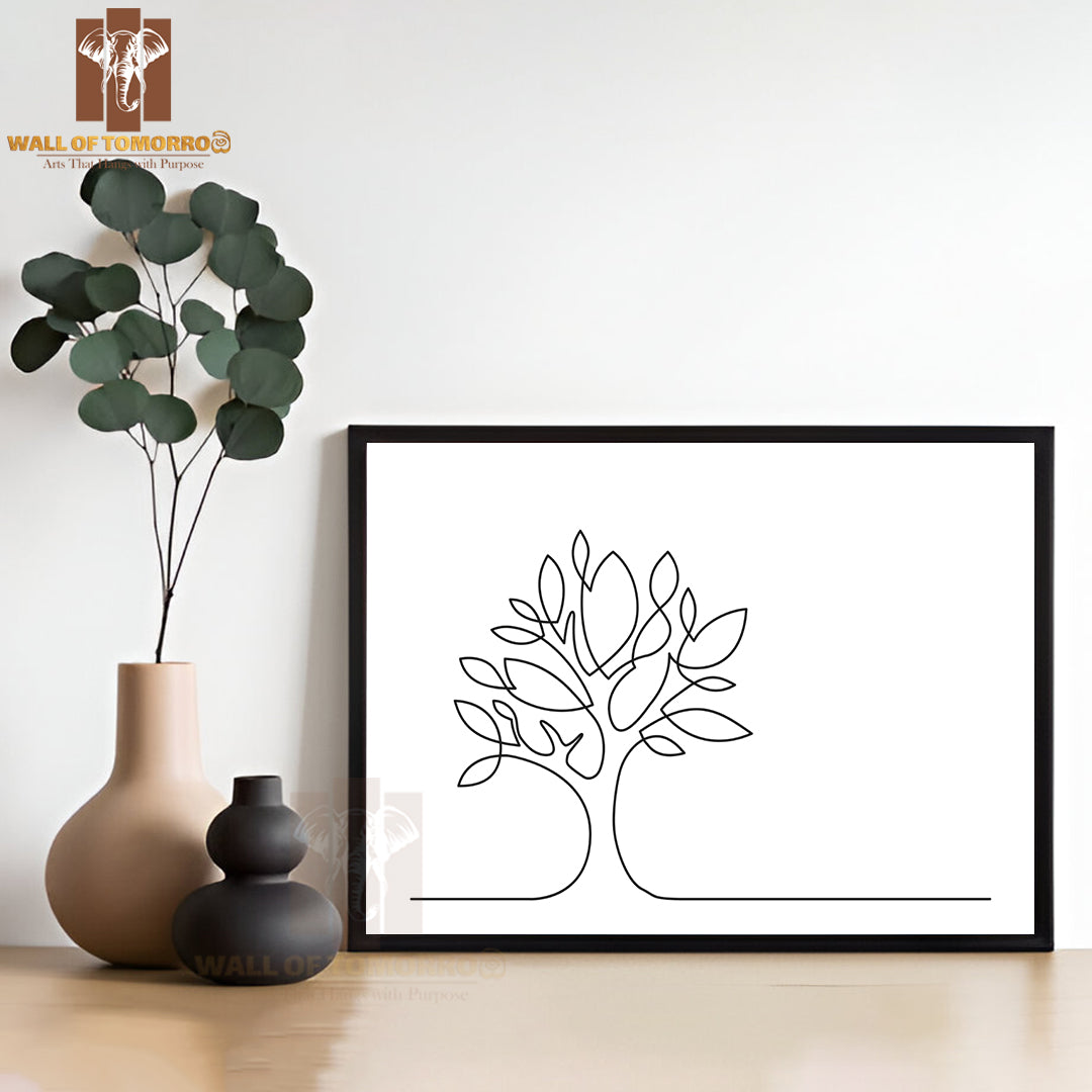 Line Drawing of Tree on White Background High Quality Glass Frame Wall Décor