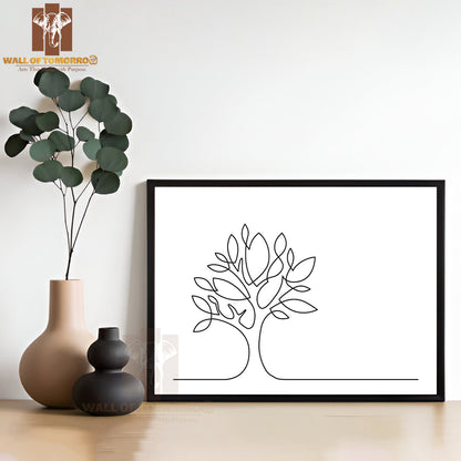 Line Drawing of Tree on White Background High Quality Glass Frame Wall Décor