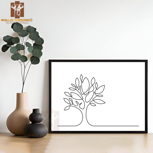 Line Drawing of Tree on White Background High Quality Glass Frame Wall Décor