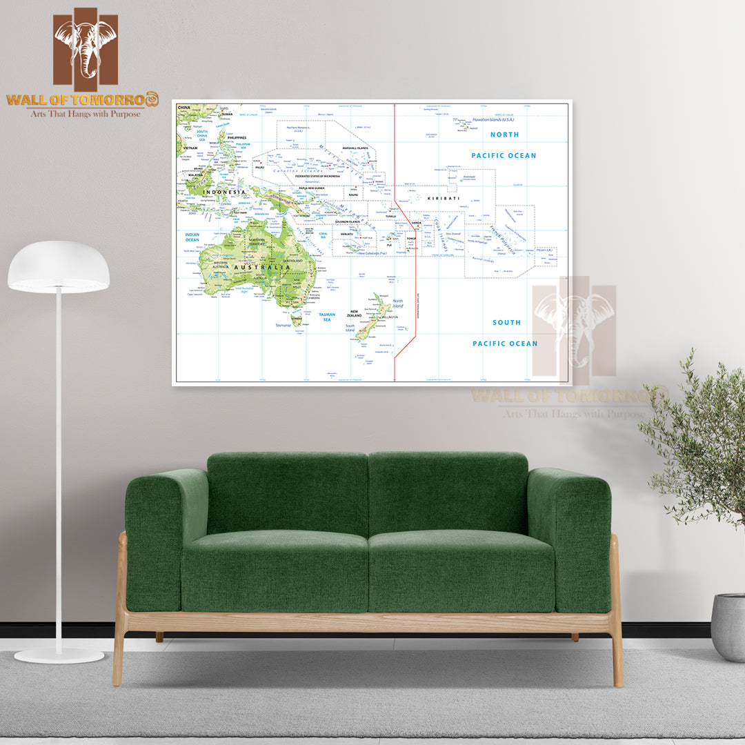 Relief Map of Oceania Isolated Educational High Quality Unframed Poster Print & Waterproof Poster Print Wall Décor