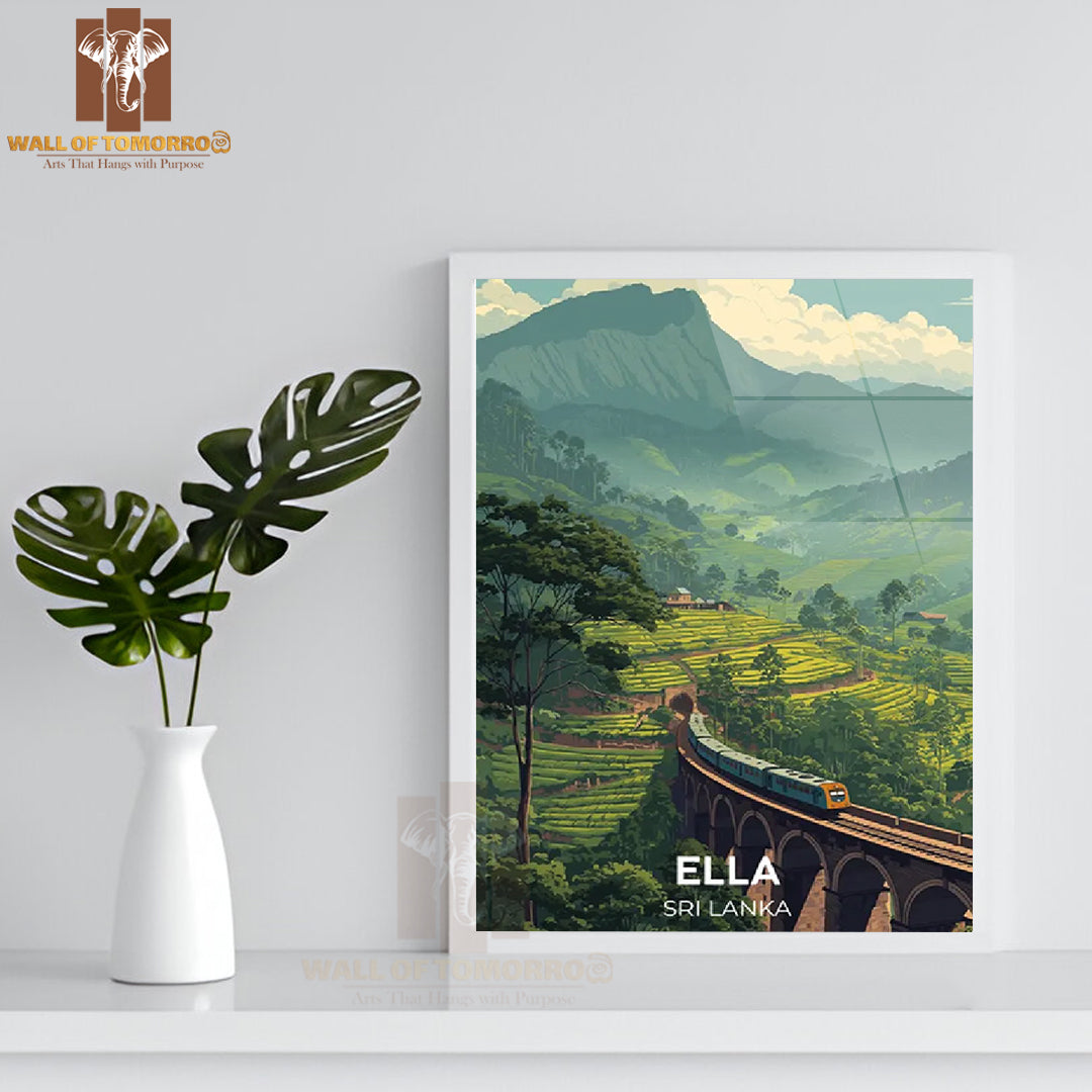 Nine Arches Bridge with Rolling Tea Plantations and Misty Mountains - Ella, Sri Lanka Travel High Quality Glass Frame Wall Décor