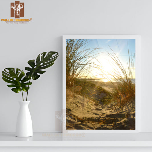 Beach With Grass and Sand Dunes High Quality Glass Frame Wall Décor