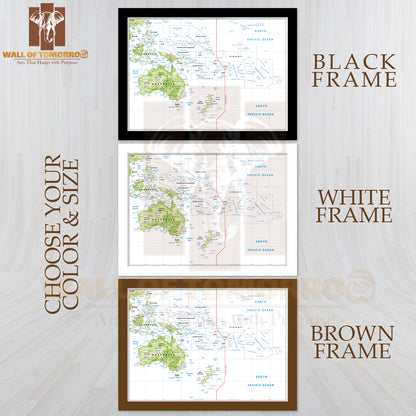 Relief Map of Oceania Isolated Educational High Quality Glass Frame Wall Décor