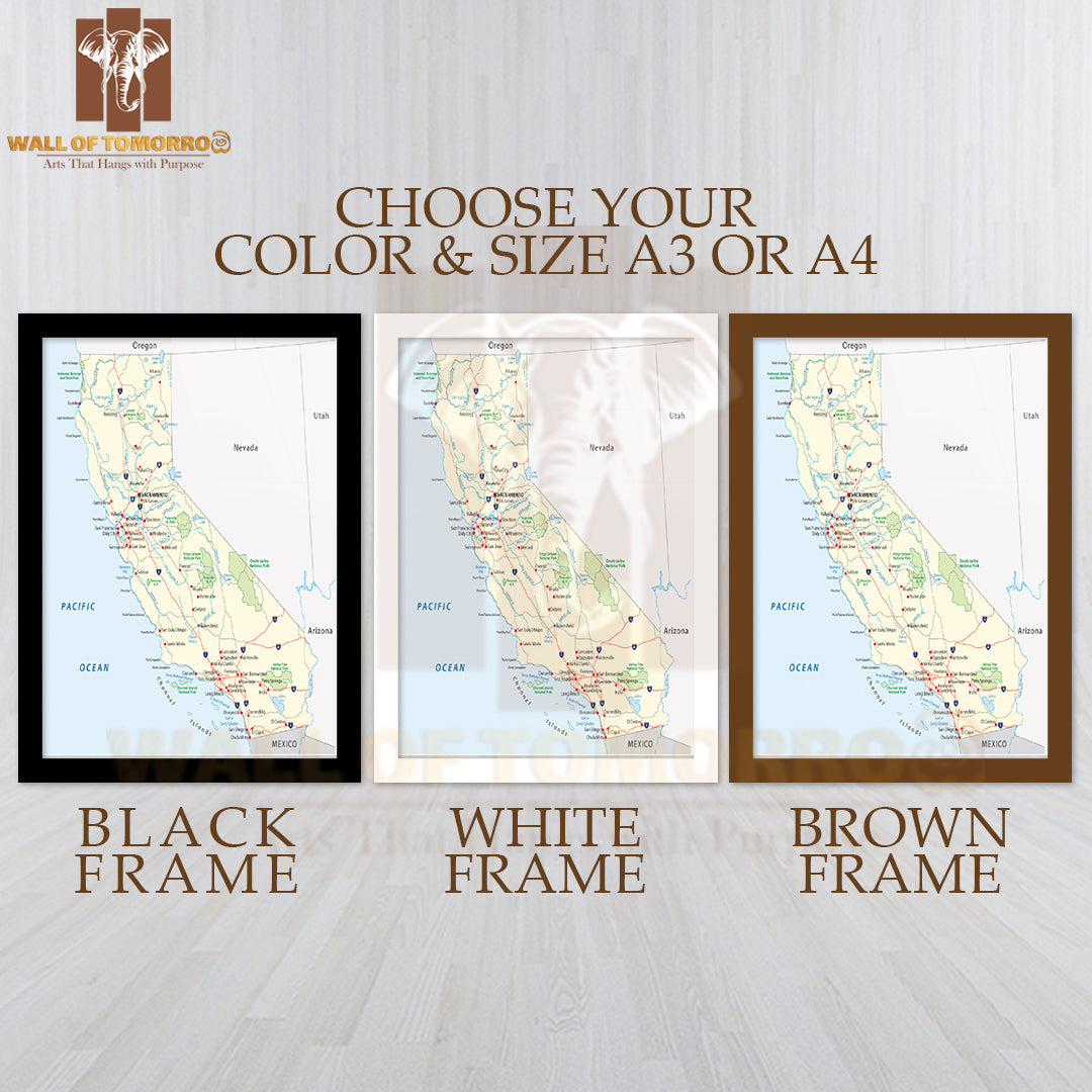 California Map Educational High Quality Glass Frame Wall Décor