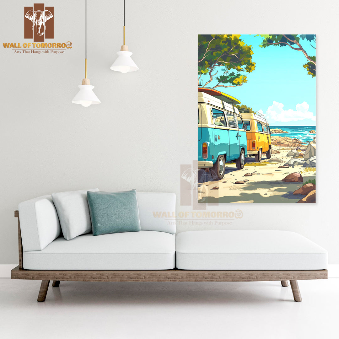 Van on The Beach with Surfboards High Quality Unframed Poster Print & Waterproof Poster Print Wall Décor