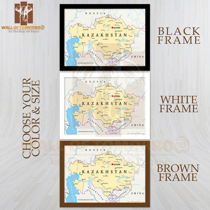 Kazakhstan Political Map with Capital Astana Educational High Quality Glass Frame Wall Décor
