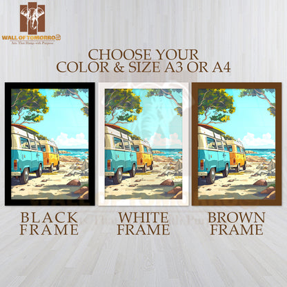 Van on The Beach with Surfboards High Quality Glass Frame Wall Décor