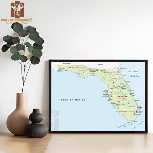 Florida Map Educational High Quality Glass Frame Wall Décor