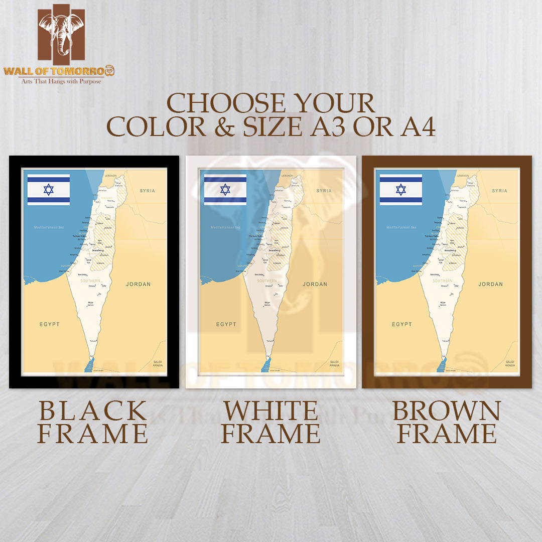 Israel Detailed Map Educational High Quality Glass Frame Wall Décor