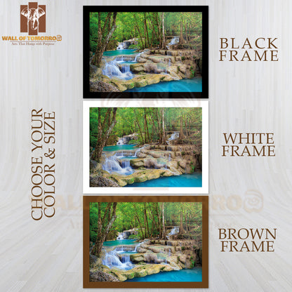 Waterfall In the Jungle with Blue Water High Quality Glass Frame Wall Décor