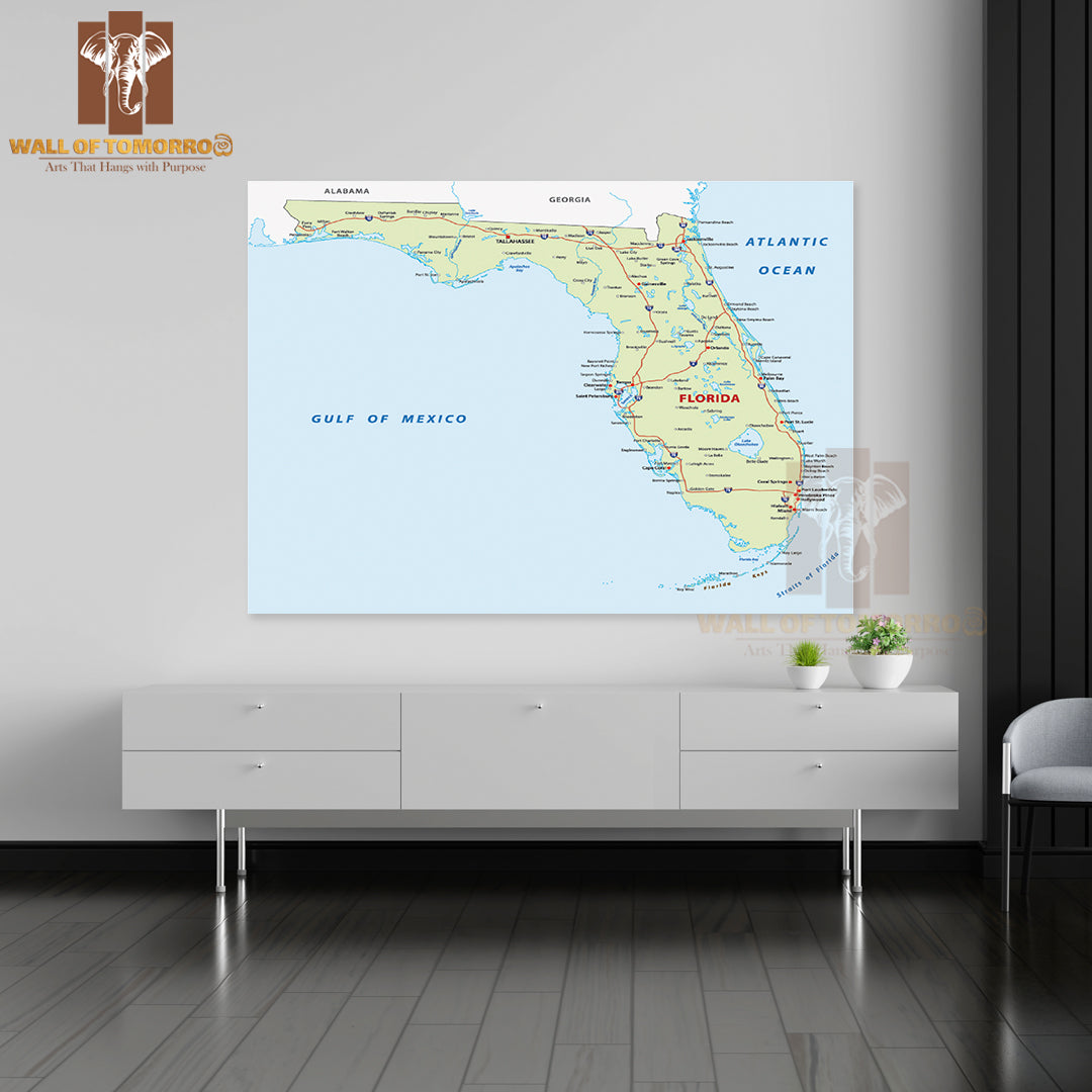 Florida Map Educational High Quality Unframed Poster Print & Waterproof Poster Print Wall Décor