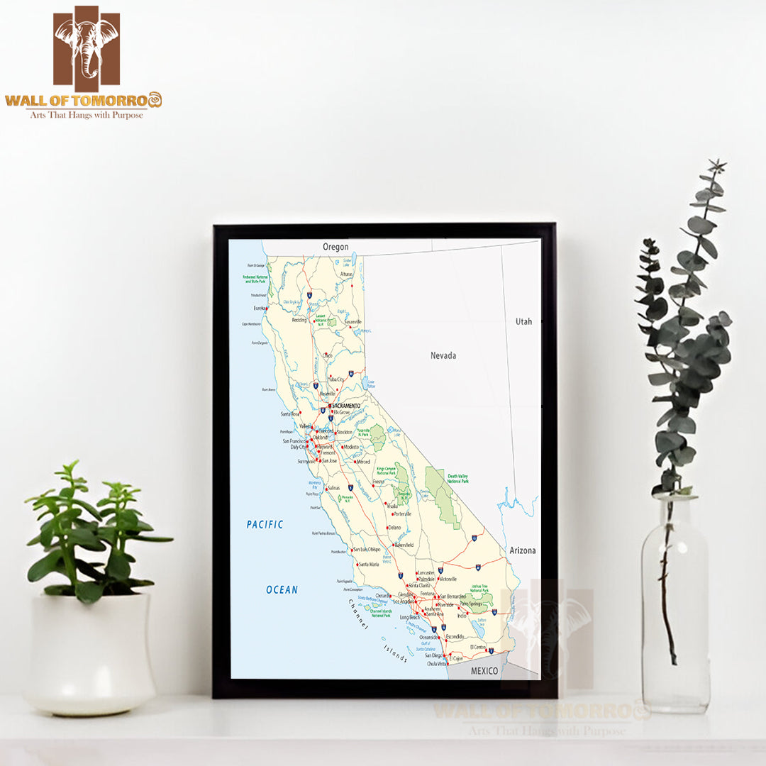 California Map Educational High Quality Glass Frame Wall Décor