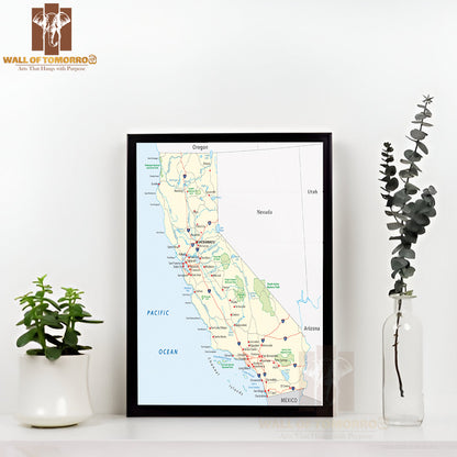 California Map Educational High Quality Glass Frame Wall Décor