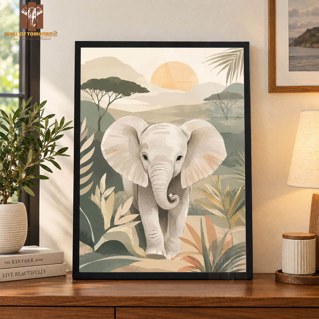 Illustrated Young Elephant Animals High Quality Glass Frame Wall Décor in Sri Lanka