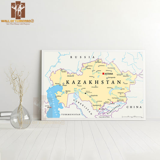 Kazakhstan Political Map with Capital Astana Educational High Quality Glass Frame Wall Décor