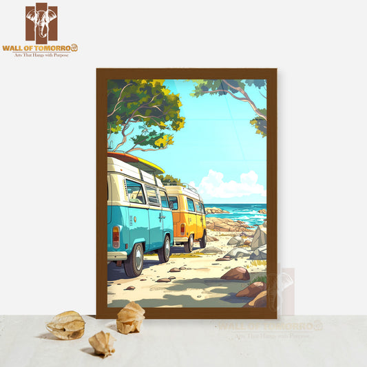 Van on The Beach with Surfboards High Quality Glass Frame Wall Décor