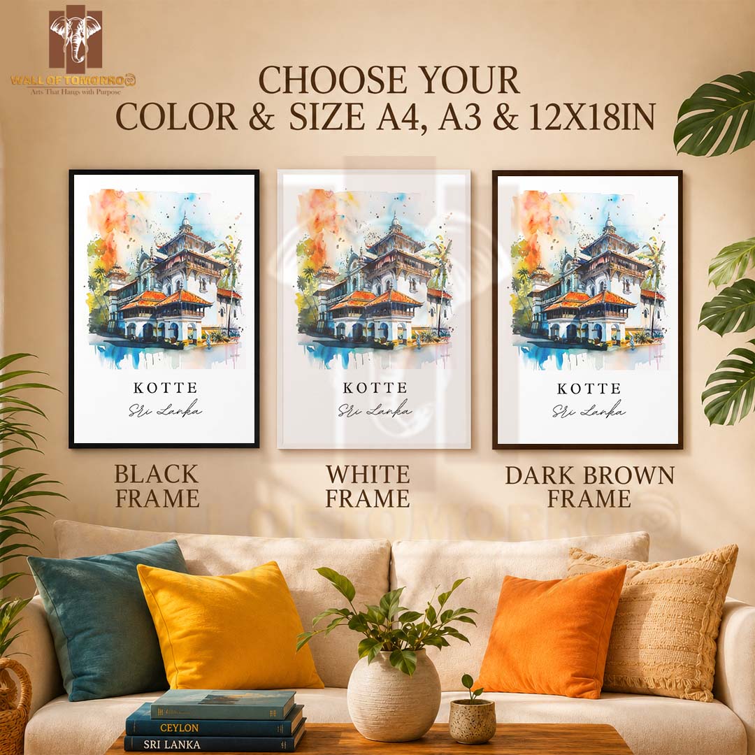Kotte Watercolor Travel, Sri Lanka High Quality Glass Frame Wall Décor