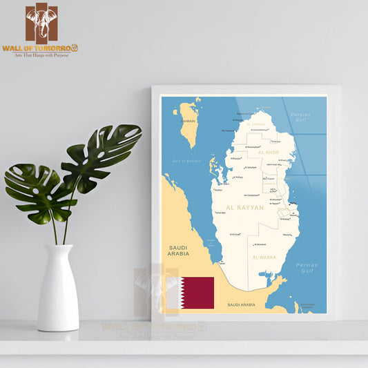 Qatar - Detailed Map with Administrative Divisions Educational High Quality Glass Frame Wall Décor
