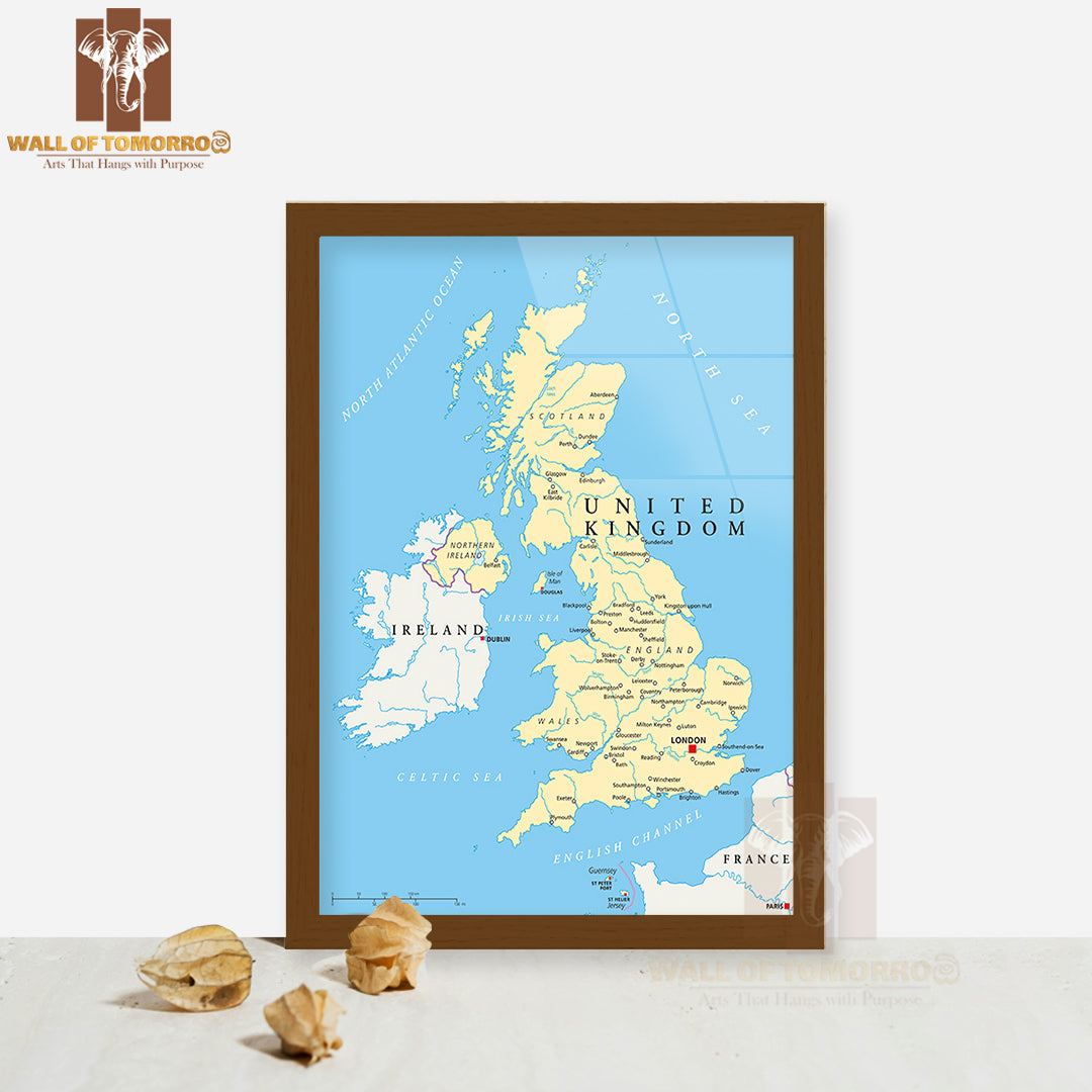 United Kingdom Political Map with Capital London Educational High Quality Glass Frame Wall Décor