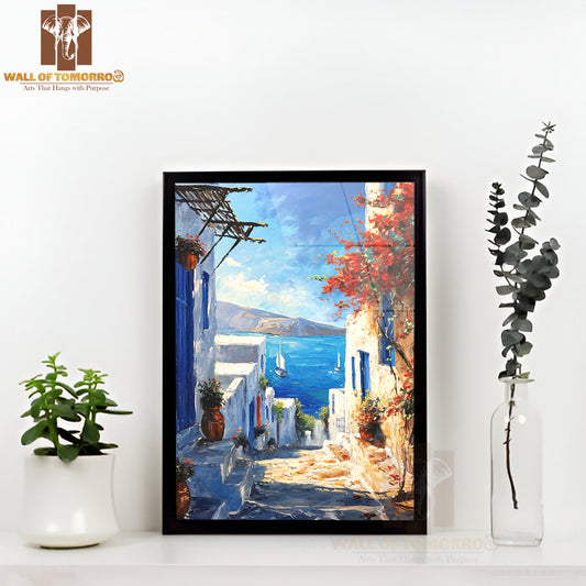 Painting Of a Street with A Boat in The Water High Quality Glass Frame Wall Décor