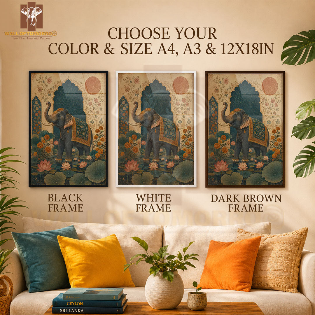 Decorated Elephant Amid Lotus Ponds and Flowers Animals High Quality Glass Frame Wall Décor in Sri Lanka