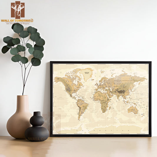 Vintage Physical World Map Educational High Quality Glass Frame Wall Décor