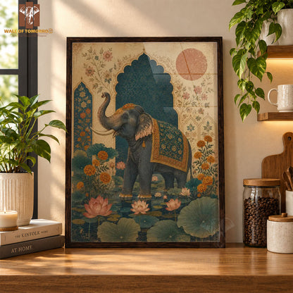 Decorated Elephant Amid Lotus Ponds and Flowers Animals High Quality Glass Frame Wall Décor in Sri Lanka