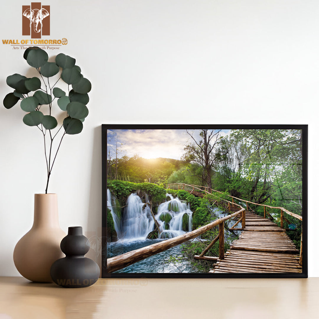 Beautiful View of Waterfalls with Turquoise Water and Sunshine in Plitvice Lakes National Park High Quality Unframed Poster Print & Waterproof Poster Print Wall Décor