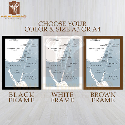 Israel & The Sinai Peninsula, Gray Political Map Educational High Quality Glass Frame Wall Décor