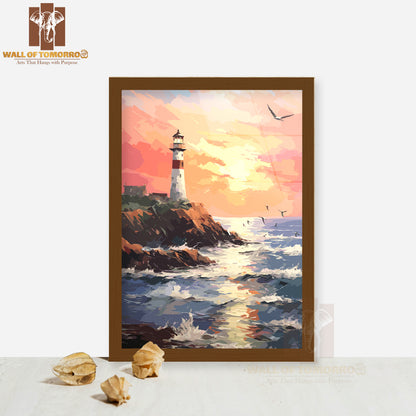 Painting Of a Lighthouse on A Rocky Shore High Quality Glass Frame Wall Décor