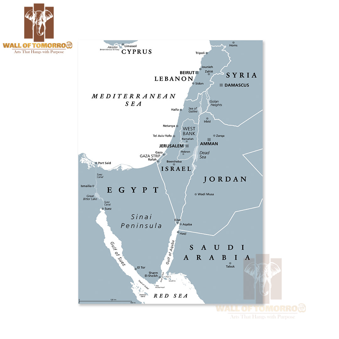 Israel & The Sinai Peninsula, Gray Political Map Educational High Quality Unframed Poster Print & Waterproof Poster Print Wall Décor