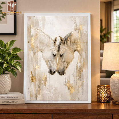 White & Gold Horses Painting Animals High Quality Glass Frame Wall Décor in Sri Lanka