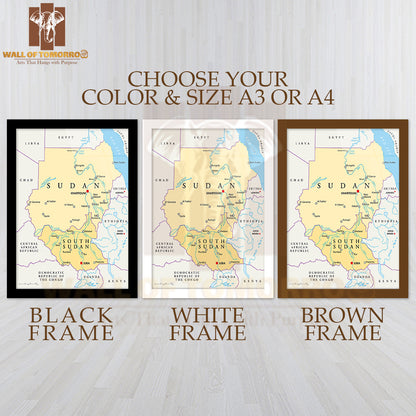 Sudan and South Sudan Political Map Educational High Quality Glass Frame Wall Décor