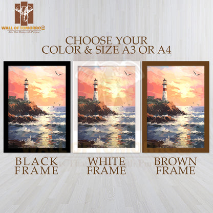 Painting Of a Lighthouse on A Rocky Shore High Quality Glass Frame Wall Décor