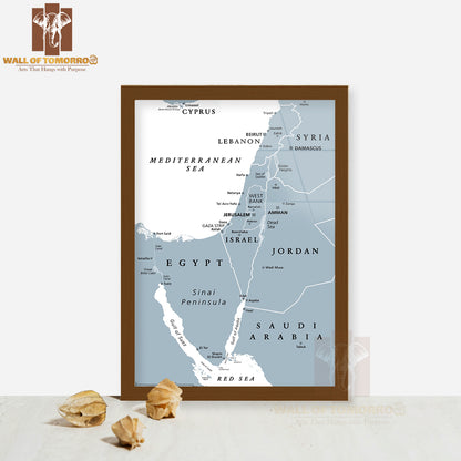 Israel & The Sinai Peninsula, Gray Political Map Educational High Quality Glass Frame Wall Décor