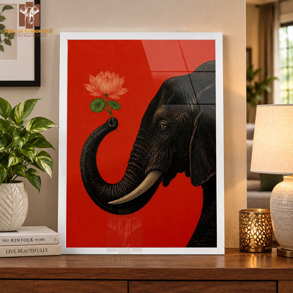 Majestic Black Elephant with Curved Ivory Tusk Animals High Quality Glass Frame Wall Décor in Sri Lanka