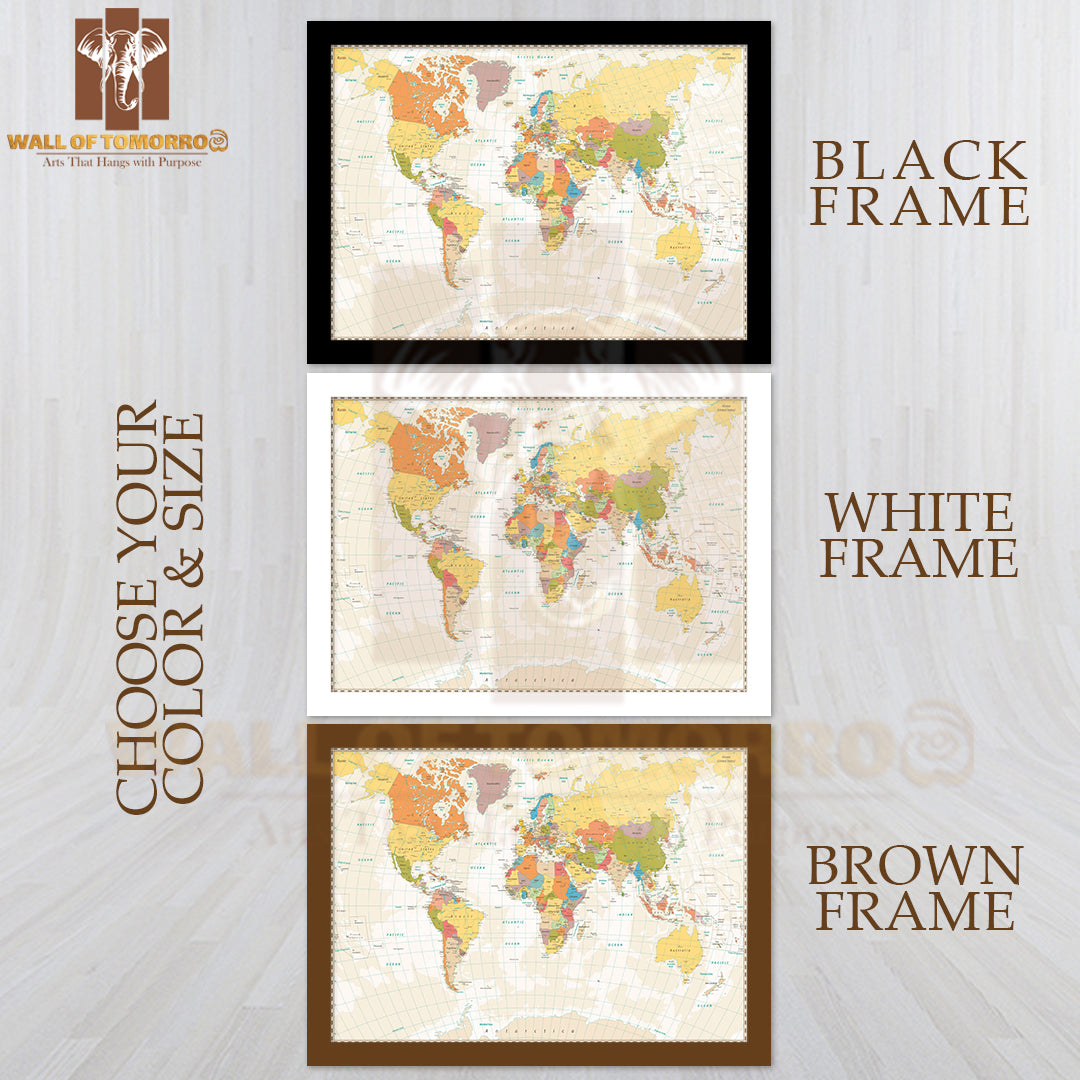 Old Retro World Map with Lakes and Rivers Educational High Quality Glass Frame Wall Décor