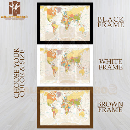 Old Retro World Map with Lakes and Rivers Educational High Quality Glass Frame Wall Décor