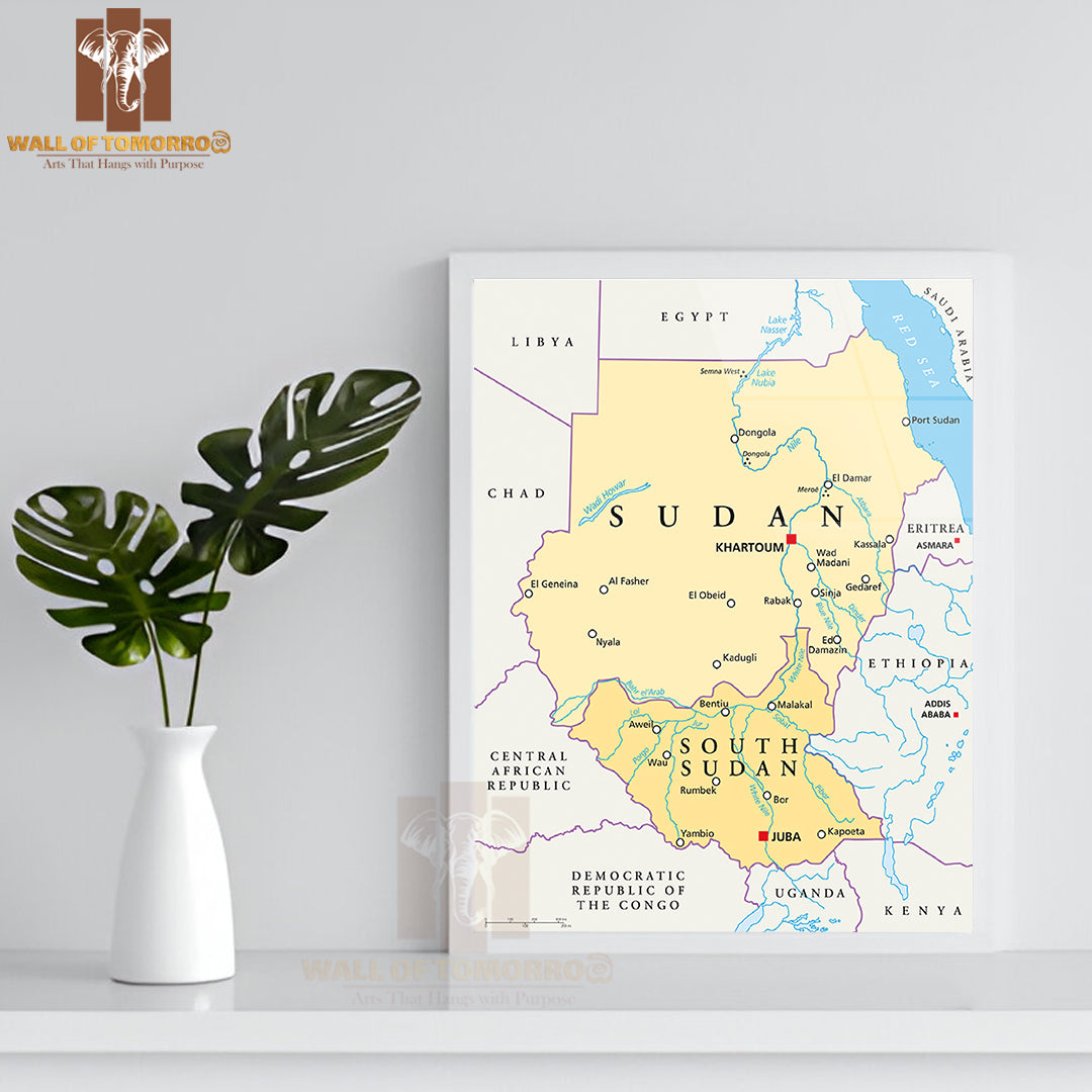 Sudan and South Sudan Political Map Educational High Quality Glass Frame Wall Décor