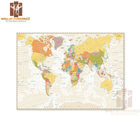 Old Retro World Map with Lakes and Rivers Educational High Quality Unframed Poster Print & Waterproof Poster Print Wall Décor